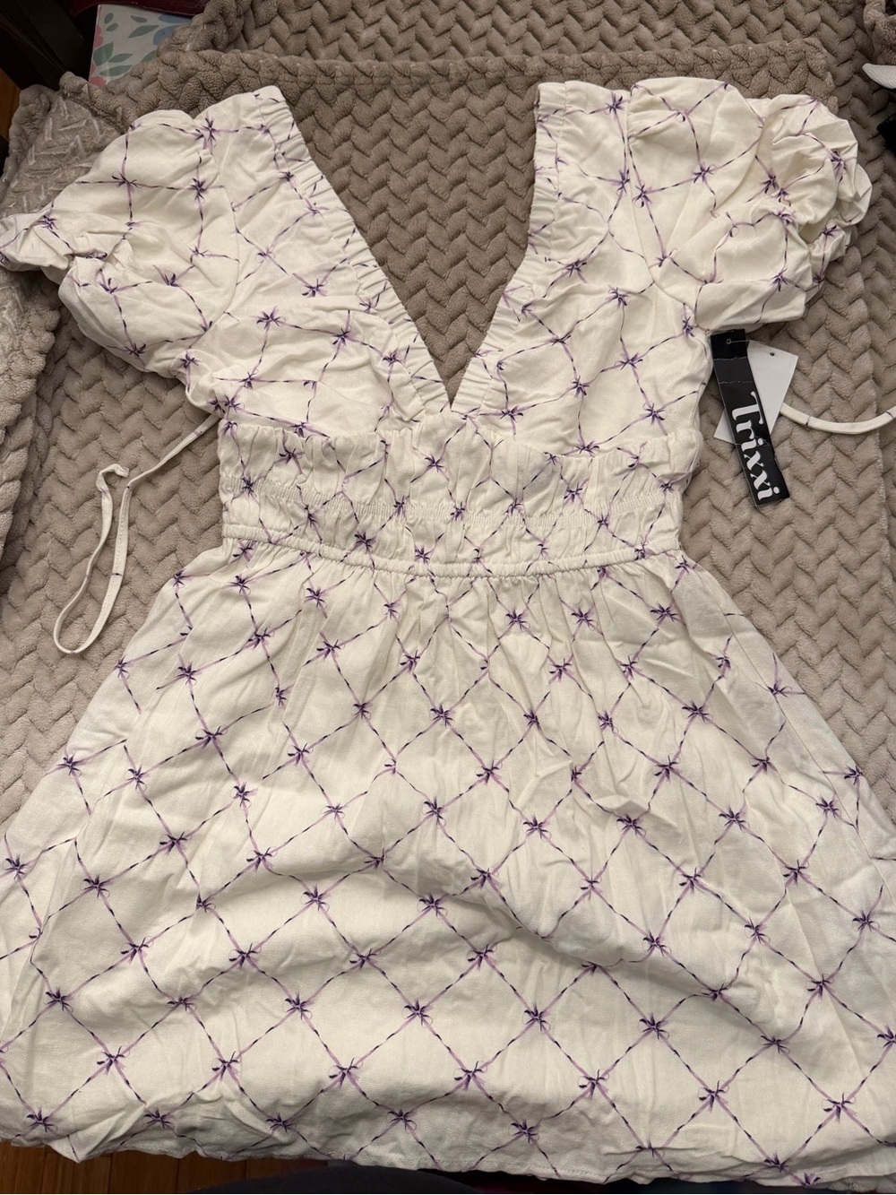 Trixxi Cream Mini Dress with Purple Star Grid Embroidery